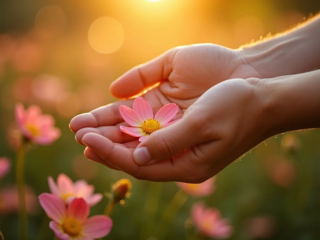 Close-up of hands gently touching flower petals in a memorial garden, soft morning dew visible, warm golden light, symbo