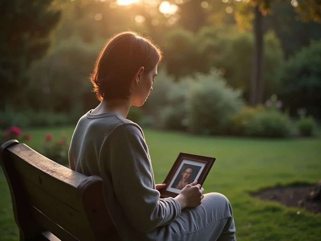 A person sitting on a wooden bench in a quiet garden, gentle morning light, holding a small framed photo, peaceful and c